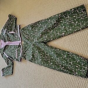 Green and White Cropped Geometric Pants and Jacket Set